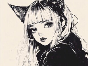 猫耳少女的梦幻黑白插画