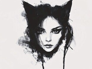 猫耳少女黑白艺术插画