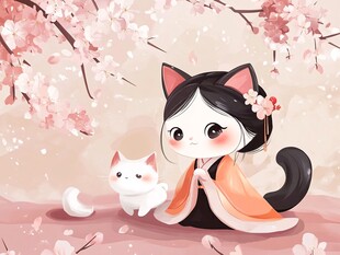 樱花下的萌娃与猫咪