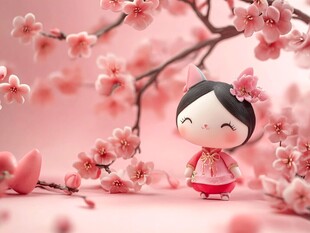 粉樱下的可爱古风娃娃