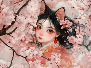 猫耳少女于烂漫樱花间