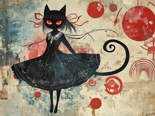 黑猫少女奇幻插画风格