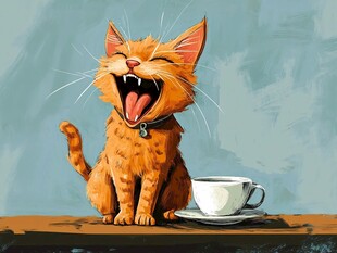 打哈欠的橘猫与咖啡杯