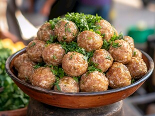 美味肉丸堆叠在碗中