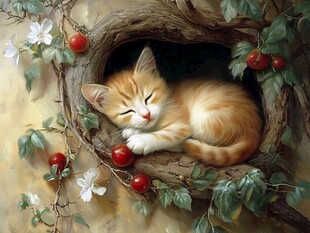 睡在树洞的橘色小猫咪