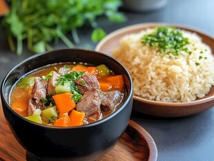 牛肉蔬菜汤配香米饭
