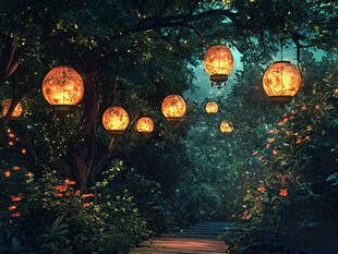 梦幻林间灯笼小径