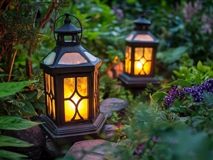 花园中点亮的复古风灯笼