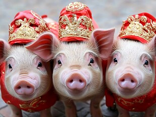 三只萌猪贺岁喜庆装扮