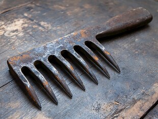 老式铁耙置于斑驳木面