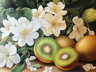 白花朵与奇异果静物油画