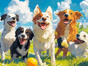 草地上欢快玩耍的狗狗们