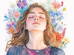 闭眼女孩与缤纷花卉世界
