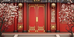 中式红门映繁花庭院景