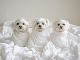 三只裹布萌犬躺于白床