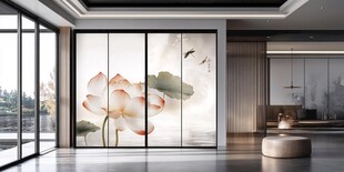 中式雅致空间的荷花移门