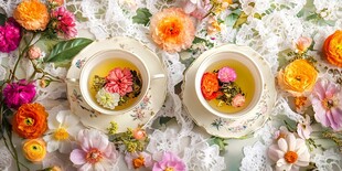 花茶两杯 浪漫花卉环绕