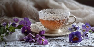 蕾丝茶杯旁的紫色花卉