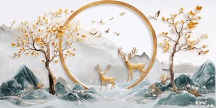 中式山水间的鹿与飞鸟图景