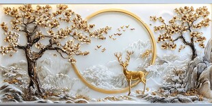 金鹿栖于山水树间美景