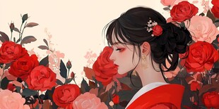 红衣佳人闻花香
