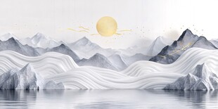 水墨山水间的金色暖阳