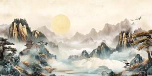 旭日东升映山水画卷