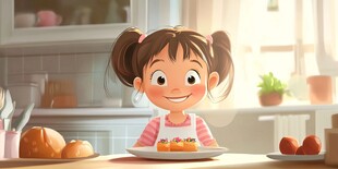 小女孩在厨房开心享用糕点