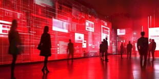 红色光影中的科技展厅漫步