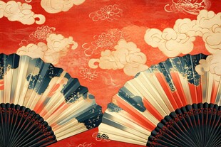 双折扇配中式云纹背景