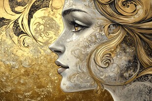 金色花纹装饰的梦幻女性侧脸