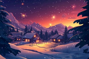 冬日雪夜中的温馨山村