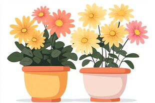 两盆盛放的多彩盆栽花卉