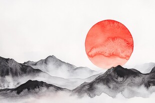 水墨山水间的绯红落日