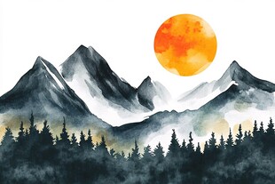 水墨山川落日美景