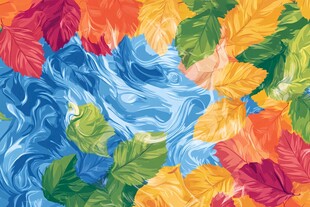 五彩秋叶漂浮于蓝色水波