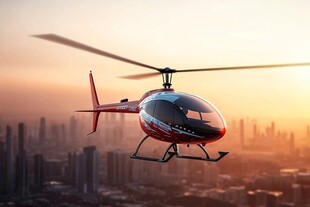 夕阳下城市上空的直升机