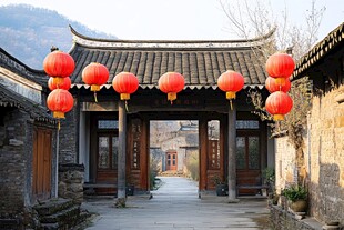 古宅门前红灯笼添古韵