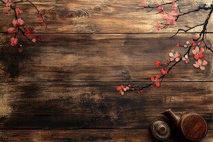 木质背景上的红梅与茶具