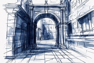 手绘复古拱门小巷景观
