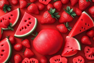 红底上的西瓜草莓等鲜果