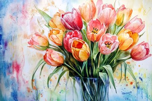 水彩画中绚烂多彩的郁金香