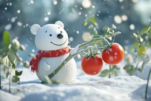 雪中小白熊持番茄萌趣画面