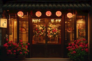 中式餐馆门前喜庆夜景