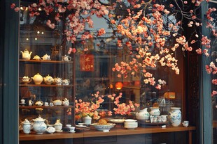 花映橱窗 雅致茶具陈列