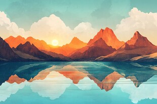 夕阳下的山水倒影美景