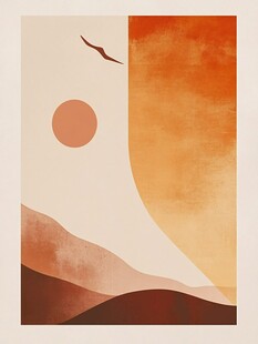 落日飞鸟映山川