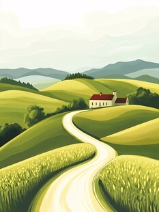 田园风光中的蜿蜒小路与农舍