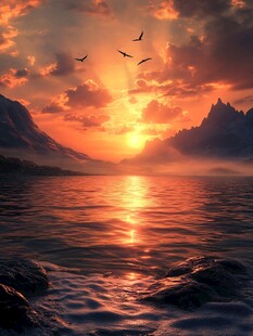 夕阳下飞鸟掠过山水美景