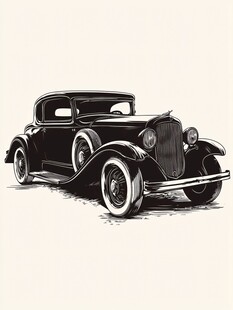 复古经典老式汽车黑白插画